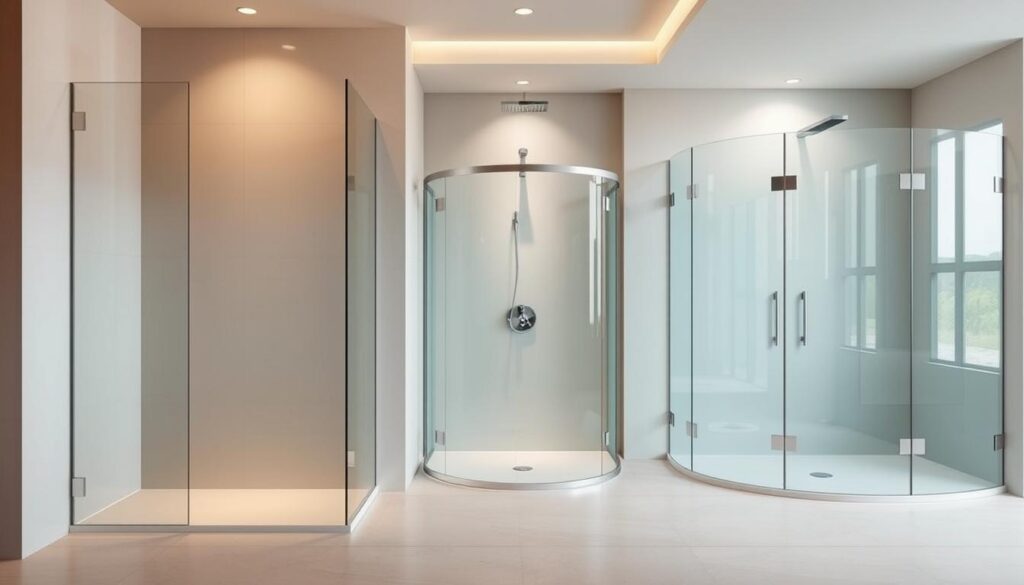 A stylish and contemporary bathroom scene showcasing a variety of sleek glass shower enclosures. In the foreground, a minimalist walk-in shower with frameless glass panels reflects the warm, indirect lighting. In the middle ground, a curved, semi-circular shower cubicle with a clean, geometric silhouette. Further back, a spacious, rectangular shower with a modern, five-sided shape. The glass surfaces gleam, creating a sense of refinement and elegance. Soft, neutral colors and natural materials like stone or wood provide a serene, spa-like ambiance. Architectural details like clean lines, brushed metal accents, and subtle curves elevate the design. An inspirational scene that captures the versatility and visual appeal of contemporary glass shower solutions.