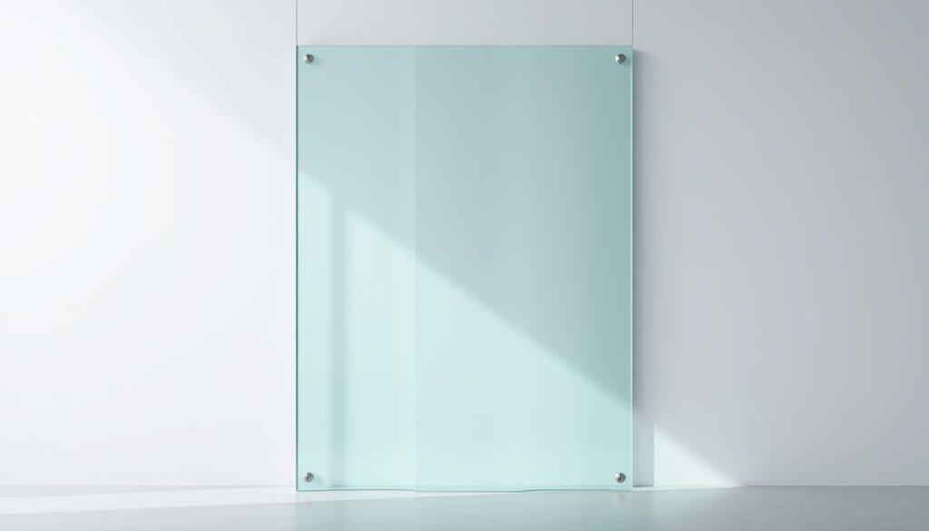 A tall, sleek glass wall stands tall, its surface gleaming in the soft, even lighting. The glass panels are thick and sturdy, with a seamless, modern appearance. The wall stretches from floor to ceiling, creating a transparent barrier that allows natural light to flow through. The angles are precise, the edges sharp, and the overall impression is one of clean, minimalist design. The background is a neutral, muted tone, allowing the glass to be the focal point. The scene conveys a sense of elegance, sophistication, and attention to detail - the perfect illustration for a section on glass specifications and perfect fit.