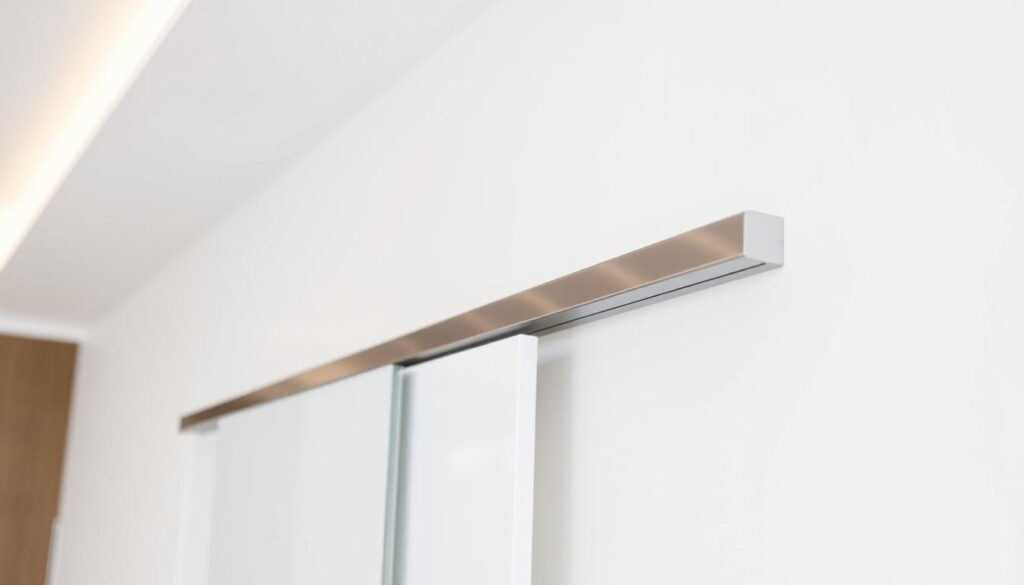 A wall-mounted sliding track system, showcasing a modern, minimalist aesthetic. The track is mounted flush against a sleek, matte-finished white wall, creating a clean, unobtrusive appearance. The track's polished metal surface reflects the ambient lighting, adding a touch of subtle elegance. The system is positioned at an angle, highlighting its streamlined design and effortless functionality. The overall scene conveys a sense of simplicity, efficiency, and high-quality craftsmanship, perfectly suited for a contemporary living space.