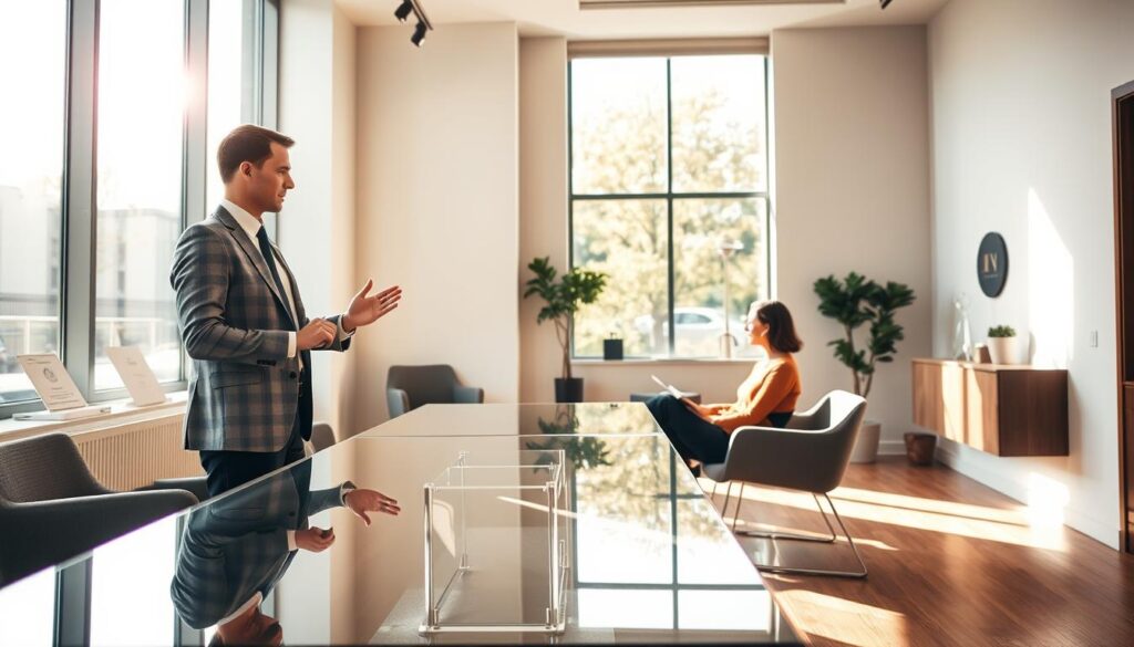 A warm and inviting interior scene showcasing a modern consultation space. A well-dressed professional consultant stands beside a sleek glass display table, gesturing as they engage with a customer seated across from them. The room is filled with natural light streaming through large windows, creating a bright and airy atmosphere. Subtle branding elements like discreet signage or logo accents are present, conveying a sense of professionalism and expertise. The overall mood is one of trust, collaboration, and high-quality service.