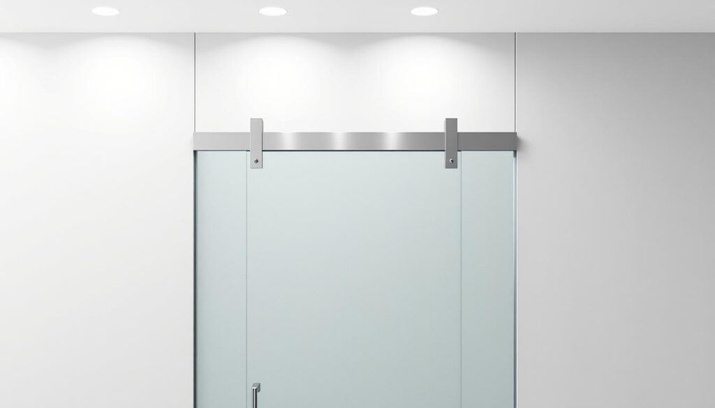 A well-crafted glass sliding door system flush-mounted into a contemporary minimalist wall. The door is made of clear tempered glass with a sleek aluminum frame, seamlessly integrated into the surrounding drywall surface. Soft, diffused lighting from discreet recessed fixtures above highlights the transparency and clean lines of the design. The door glides effortlessly on concealed heavy-duty tracks, offering smooth, silent operation. The overall aesthetic is one of understated elegance, perfectly suited for a modern bathroom environment. The proportions and installation are precisely tailored to the dimensions of the wall, ensuring a perfect fit and finish.