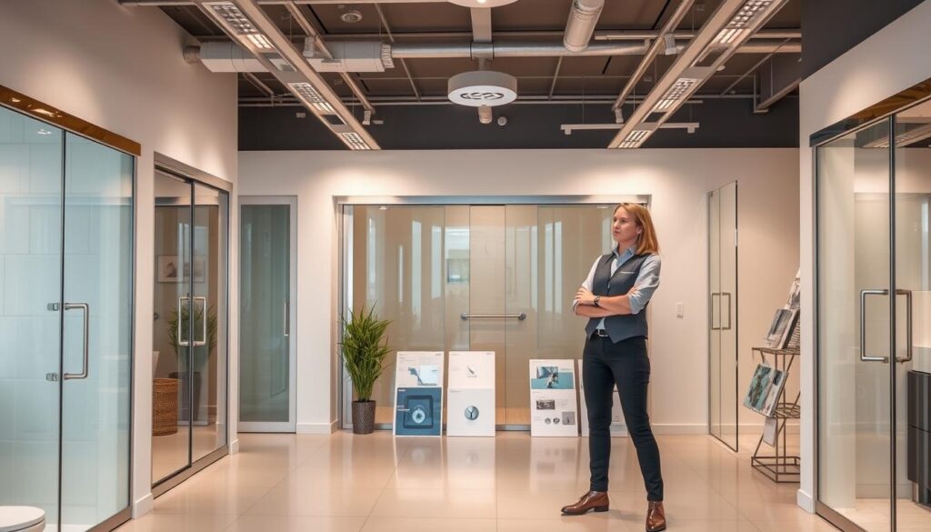 A well-lit and welcoming showroom, showcasing a variety of modern sliding glass doors. A knowledgeable sales associate stands ready to provide personalized guidance, explaining the features and benefits of each model. Samples of different glass types, frames, and hardware options are neatly displayed, allowing the customer to envision the perfect solution for their bathroom. The space is designed to inspire, with clean lines, soft lighting, and a minimalist aesthetic that reflects the elegance of the glass doors. The overall atmosphere conveys a sense of professionalism, attention to detail, and a commitment to helping the customer find the ideal sliding door for their needs. A well-lit and welcoming showroom, showcasing a variety of modern sliding glass doors. A knowledgeable sales associate stands ready to provide personalized guidance, explaining the features and benefits of each model. Samples of different glass types, frames, and hardware options are neatly displayed, allowing the customer to envision the perfect solution for their bathroom. The space is designed to inspire, with clean lines, soft lighting, and a minimalist aesthetic that reflects the elegance of the glass doors. The overall atmosphere conveys a sense of professionalism, attention to detail, and a commitment to helping the customer find the ideal sliding door for their needs.