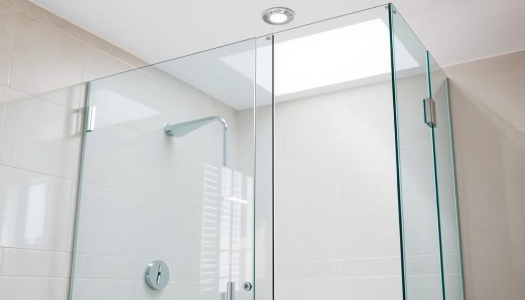 A well-lit bathroom interior, showcasing a sleek, modern glass shower enclosure. The glass panels are expertly installed, seamlessly integrated into the surrounding tiles and fixtures. The shower door exhibits a minimalist frameless design, with a pristine, transparent surface that reflects the light, creating a sense of openness and spaciousness. The installation appears effortless, with no visible screws or hardware, hinting at a sophisticated, drill-free mounting system. The overall scene conveys a serene, spa-like ambiance, where form and function harmoniously converge to create a luxurious, hassle-free bathing experience. A well-lit bathroom interior, showcasing a sleek, modern glass shower enclosure. The glass panels are expertly installed, seamlessly integrated into the surrounding tiles and fixtures. The shower door exhibits a minimalist frameless design, with a pristine, transparent surface that reflects the light, creating a sense of openness and spaciousness. The installation appears effortless, with no visible screws or hardware, hinting at a sophisticated, drill-free mounting system. The overall scene conveys a serene, spa-like ambiance, where form and function harmoniously converge to create a luxurious, hassle-free bathing experience.