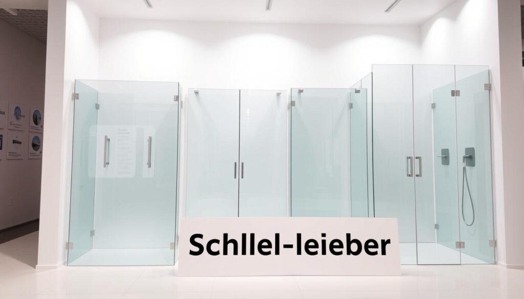A well-lit, clean, and modern showroom display showcasing a selection of tempered glass shower panels in various sizes and styles, positioned against a white backdrop. The glass panels have a sleek, high-gloss finish, reflecting the overhead lighting to create a sense of depth and transparency. In the foreground, a prominently placed sign reads "Schnell lieferbar" (Quickly available), emphasizing the fast delivery service. The arrangement conveys a sense of efficiency, quality, and the ease of customizing glass elements for shower partitions.