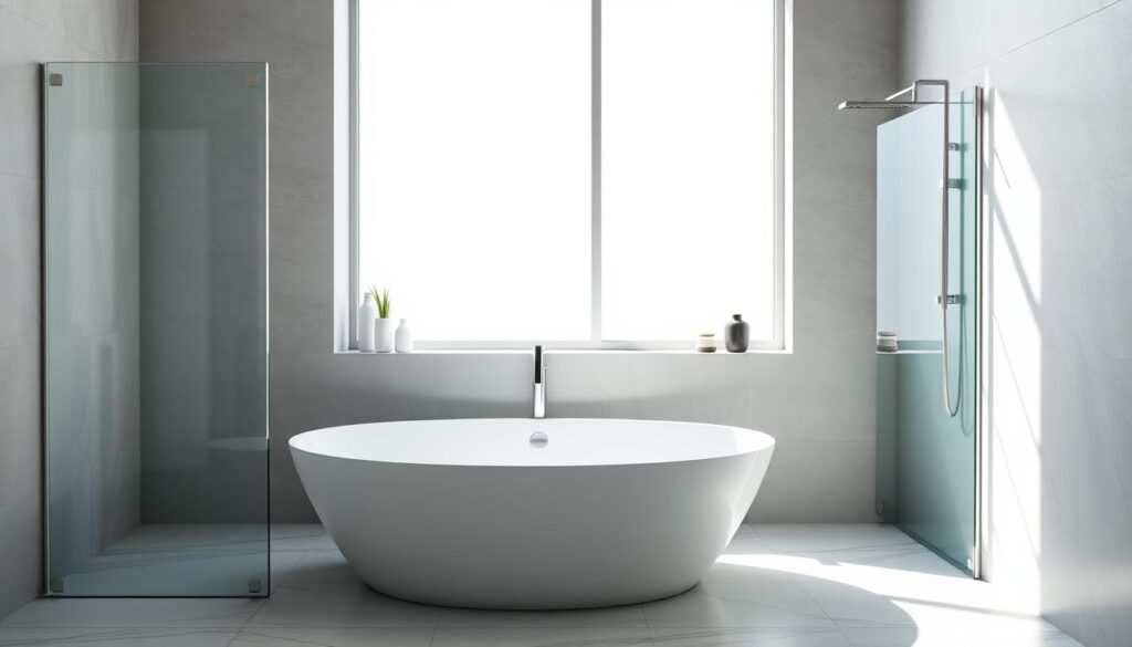 A well-lit, high-angle view of a modern, minimalist bathroom setting. In the foreground, a freestanding bathtub with a sleek, frameless glass panel on the left side, showcasing its versatile installation options. The glass panel reflects the elegant, monochromatic tiles and fixtures of the bathroom, creating a seamless, harmonious composition. In the background, a large window provides natural lighting, illuminating the scene and casting soft shadows. The overall atmosphere conveys a sense of sophistication, functionality, and customizable design to suit any bathroom layout.