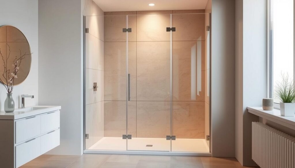 A well-lit, high-quality glass shower enclosure stands majestically in a contemporary bathroom setting. The glass panels gleam with a flawless, transparent finish, seamlessly blending into the surrounding minimalist decor. Precise measurements are evident in the tailored fit of the enclosure, which appears to be custom-designed to the room's exact dimensions. Warm, natural lighting filters through the glass, creating a serene, spa-like ambiance. The sleek, frameless design showcases the true beauty of the material, emphasizing the structural integrity and elegant simplicity of the piece. This image perfectly captures the essence of a made-to-measure glass shower solution, highlighting the importance of precise measurements and a harmonious integration with the overall interior aesthetic.