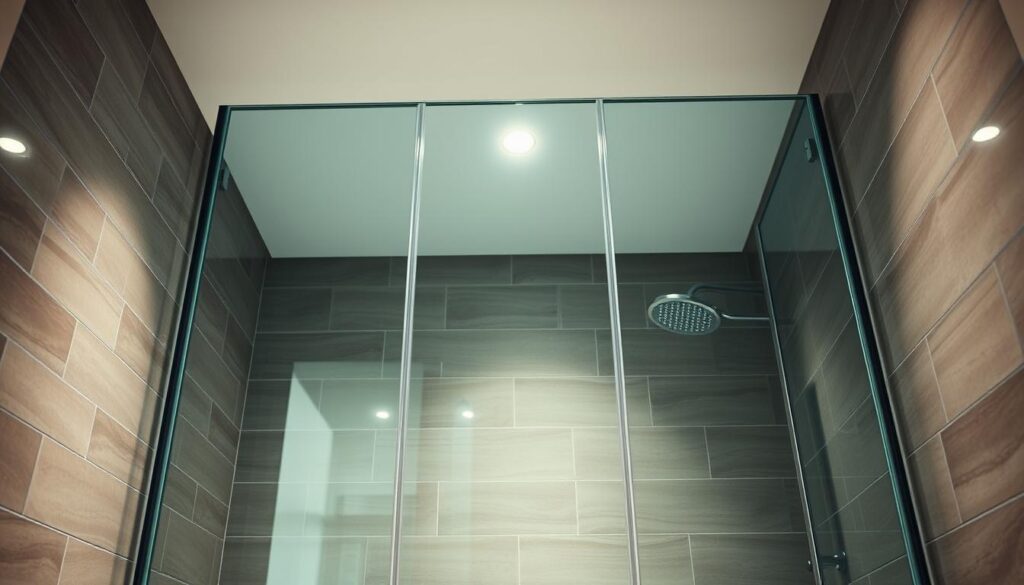 A well-lit, high-quality interior scene showcasing a contemporary glass shower enclosure. The frameless glass panel, or "glaswand", stands tall and sleek, seamlessly blending into the modern bathroom design. Bright, indirect lighting illuminates the space, creating a warm and inviting atmosphere. The glass surface reflects the surrounding tiles and fixtures, adding depth and dimension to the composition. The angle of the camera captures the full height of the glass panel, emphasizing its clean lines and elegant simplicity. The overall scene conveys a sense of spaciousness, sophistication, and functionality - the perfect embodiment of a premium, customizable shower solution.
