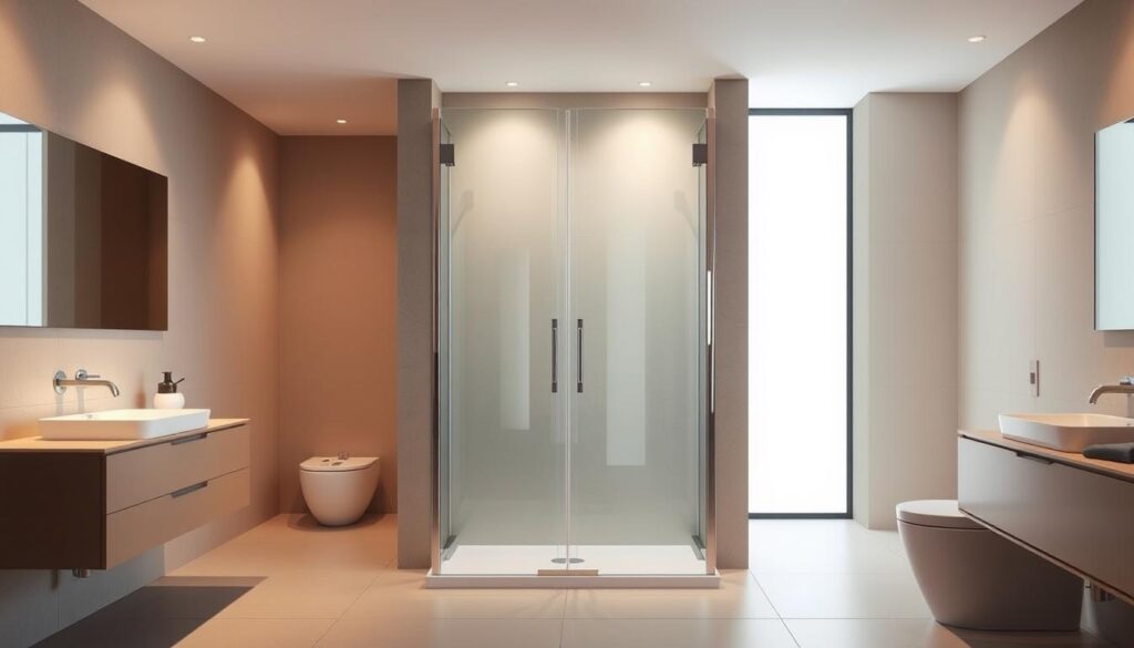 A well-lit, high-resolution image of a sleek, modern bathroom featuring a glass shower enclosure. The enclosure takes up the central focus, with its dimensions clearly displayed: "120 × 140 cm". The glass panels are clean and seamless, casting soft reflections that add depth and dimension to the scene. The bathroom is spacious, with neutral-toned tiles and fixtures that complement the minimalist aesthetic. Warm, directional lighting illuminates the space, creating a cozy and inviting atmosphere. The overall composition emphasizes the size and scale of the shower enclosure, showcasing its versatility and suitability for a range of bathroom layouts.