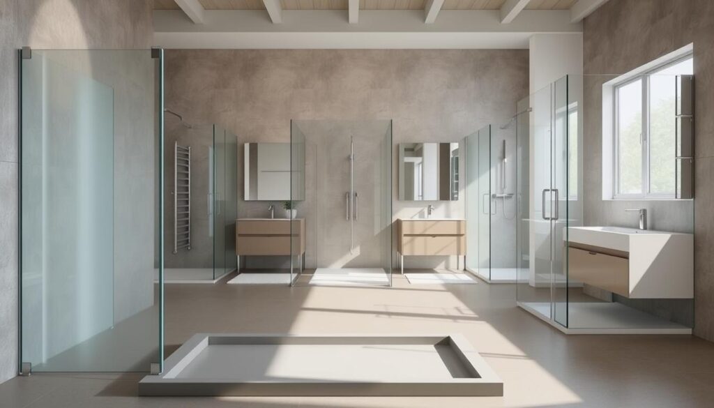 A well-lit, modern bathroom interior with a glass shower enclosure, showcasing various shower dimensions. The foreground features a minimalist, rectangular shower tray in muted tones, with a sleek glass panel on one side. The middle ground showcases different shower sizes, from a compact corner setup to a spacious, walk-in arrangement, all highlighted with clean lines and transparent glass. The background subtly indicates the surrounding bathroom elements, such as vanities and fixtures, creating a cohesive, high-end atmosphere. The lighting is soft and natural, enhancing the sense of space and highlighting the glass features. The overall impression is one of functionality, style, and attention to detail in shower design.