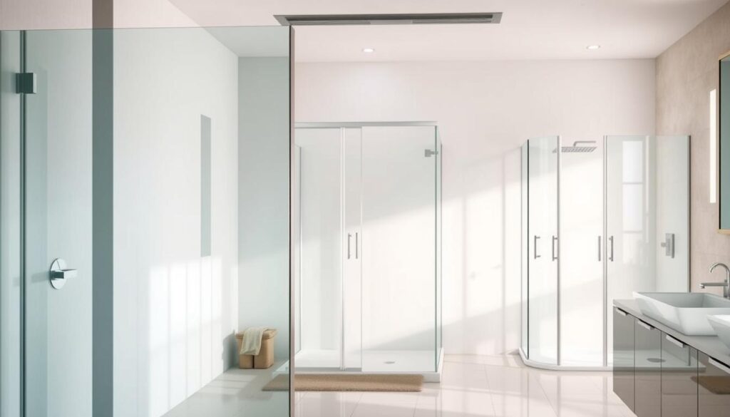 A well-lit, modern bathroom interior with a variety of glass shower enclosure designs. In the foreground, a sleek, frameless glass walk-in shower partition with a minimal, seamless look. In the middle ground, a glass corner shower with sliding doors, showcasing a more traditional design. In the background, a freestanding glass shower cubicle with an angular, sculptural shape. The glass surfaces feature a premium, high-quality finish, reflecting the luxurious, spa-like atmosphere of the space. Soft, diffused lighting creates a serene, relaxing ambiance, highlighting the transparency and elegance of the glass elements.
