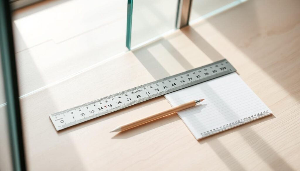 Detailed glass measuring equipment, including a folding steel ruler, a pencil, and a notepad, laid out on a clean, light-colored wooden surface. The instruments are arranged neatly, conveying a sense of precision and planning. Soft, natural lighting from a window casts subtle shadows, emphasizing the three-dimensional forms. The composition highlights the tools used to carefully measure the dimensions for a custom-fitted glass shower enclosure, reflecting the article's focus on precise planning for a perfect fit.
