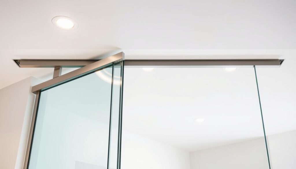 Detailed montage of a glass sliding door ceiling installation. A recessed ceiling track system with smooth rollers guides the door panels. Brushed aluminum rails seamlessly blend into the minimalist white ceiling. The door glides effortlessly on concealed high-quality hardware. Sleek floor guides securely anchor the bottom of the door, ensuring stability and a smooth, quiet operation. Warm, natural lighting from overhead fixtures casts a soft glow, highlighting the crystalline transparency of the tempered glass panels. The entire setup conveys a sense of modern, streamlined elegance perfectly suited for a high-end interior.