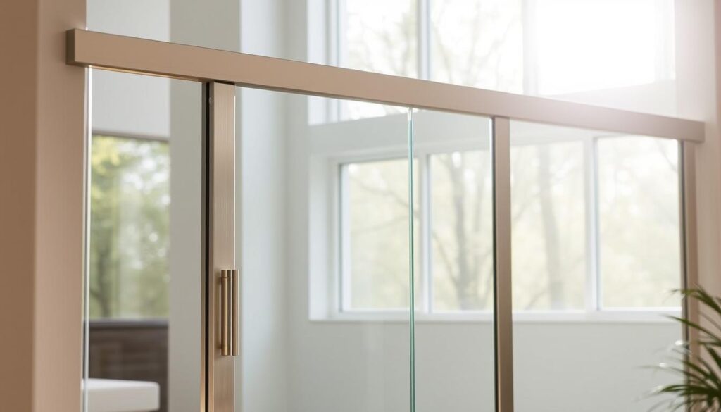 Elegant glass sliding door, backlit by soft natural light filtering through large windows. The tempered glass panel shimmers, its smooth surface reflecting the surrounding environment. The sleek, minimal metal frame in brushed silver accentuates the modern, minimalist aesthetic. The door glides effortlessly on a hidden track system, offering seamless transition between indoor and outdoor spaces. Capture the refined simplicity and practical functionality of this high-quality glass sliding door solution, showcasing the versatility and availability of custom configurations to suit any living space.