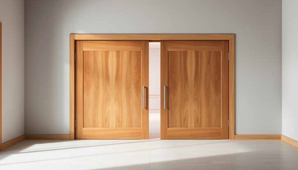 Elegant wooden sliding door in a well-lit interior, showcasing the natural beauty and warm tones of the wood grain. The door is part of a complete set, seamlessly integrated into the surroundings. Soft, directional lighting emphasizes the door's smooth, sliding mechanism and sleek design. The composition highlights the door's functionality while capturing its aesthetic appeal, creating a harmonious balance between form and function. The overall scene conveys a sense of refined sophistication and attention to detail, reflecting the article's focus on tailored solutions for wooden sliding doors.