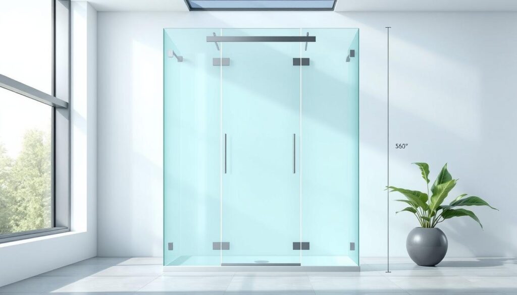 High-quality and detailed illustration of glass shower panel with precise measurements, showcasing the craftsmanship and customization options available. Centered composition with the glass panel taking up most of the frame, highlighted by natural lighting from a large window or skylight. The panel is displayed against a minimalist, clean background, emphasizing the sleek, modern design. The glass has a slight reflection, adding depth and emphasizing the quality of the material. The overall mood is one of elegance, professionalism, and attention to detail, reflecting the expertise of the glass manufacturer. High-quality and detailed illustration of glass shower panel with precise measurements, showcasing the craftsmanship and customization options available. Centered composition with the glass panel taking up most of the frame, highlighted by natural lighting from a large window or skylight. The panel is displayed against a minimalist, clean background, emphasizing the sleek, modern design. The glass has a slight reflection, adding depth and emphasizing the quality of the material. The overall mood is one of elegance, professionalism, and attention to detail, reflecting the expertise of the glass manufacturer.