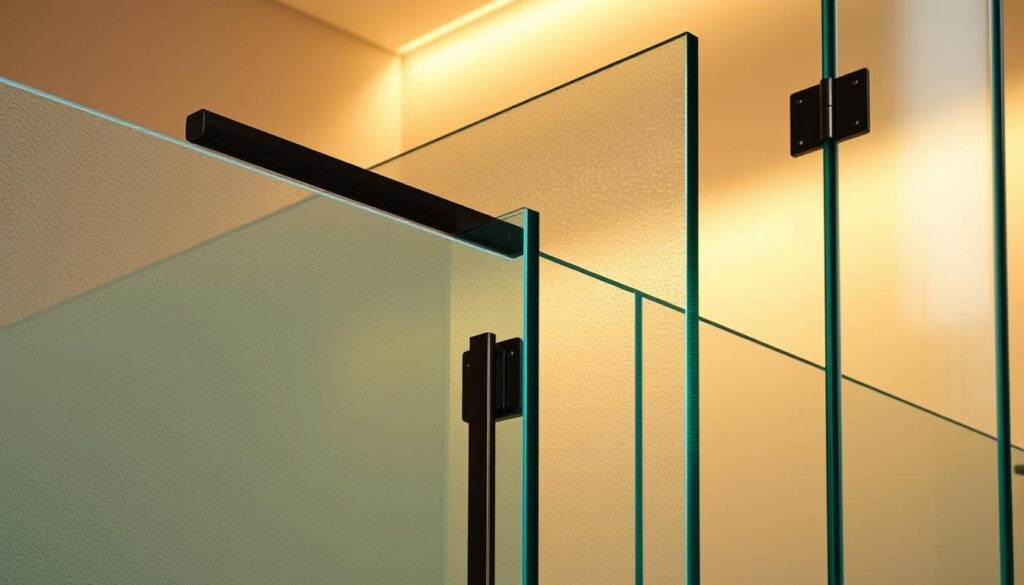 High-quality glass materials in various textures and finishes, including frosted, tinted, and clear panes, arranged in a visually compelling layout. Metallic hardware such as sleek hinges and handles in a matte black or brushed nickel finish. Warm, directional lighting that accentuates the depth and dimensionality of the glass, creating a sense of elegance and sophistication. The overall composition conveys the durability, versatility, and modern aesthetic of premium shower enclosure solutions.