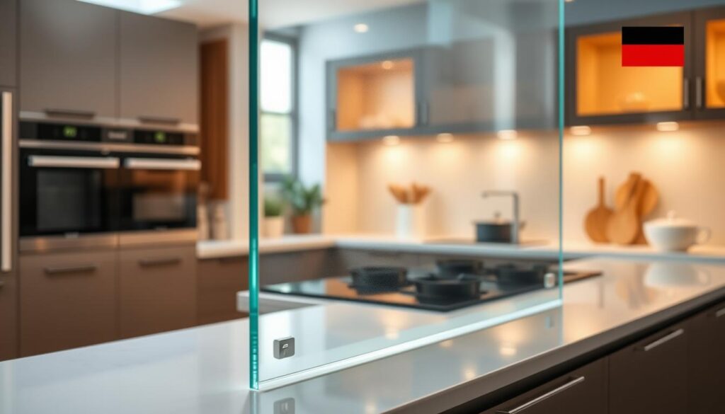 High-quality tempered glass panel with smooth, flawless surface, showcasing exceptional craftsmanship and attention to detail. Positioned in a well-lit kitchen setting, the glass panel reflects the warm, inviting atmosphere, accentuating its transparency and durability. Subtle shadows and highlights create a sense of depth and three-dimensionality, emphasizing the panel's structural integrity and safety features. The glass seamlessly blends with the surrounding kitchen elements, conveying a cohesive, high-end aesthetic that embodies the quality, safety, and precision of "Made in Germany" design.