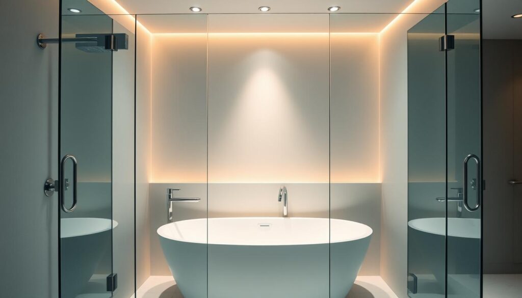 Majestic glass shower wall overlooking a luxurious freestanding bathtub, capturing the essence of modern bathroom design. The frameless, seamless glass panel reflects the warm, ambient lighting, creating a spa-like ambiance. Sleek chrome hardware and minimalist design elements complement the clean, contemporary aesthetic. The shower wall is positioned perfectly within the alcove, maximizing the available space and providing a clear, unobstructed view of the bathtub. The entire scene exudes a sense of relaxation and tranquility, inviting the user to indulge in a serene, rejuvenating bathing experience.