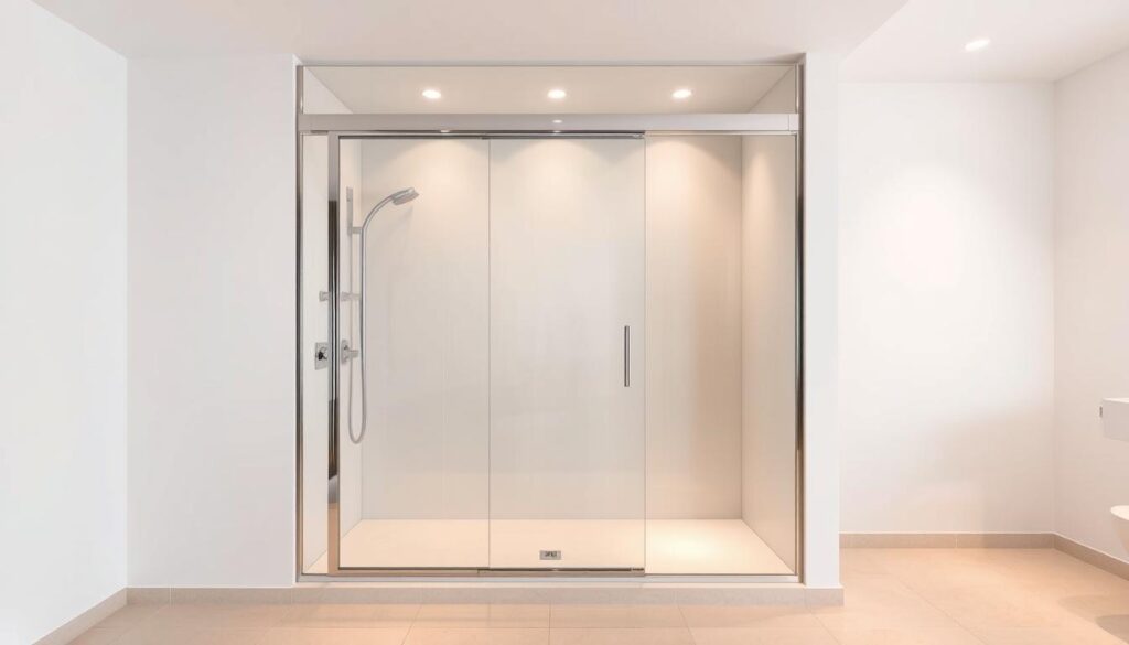 Prompt A modern, spacious walk-in shower enclosure with a sleek sliding glass door. The door is made of thick, crystal-clear tempered glass that glides effortlessly on a sturdy, chrome-finished frame. The shower area is generously sized, with a minimalist design that emphasizes the sense of openness and airiness. The floor is covered in smooth, neutral-toned tiles that create a clean, contemporary look. Soft, diffused lighting from recessed ceiling fixtures illuminates the space, casting a warm, inviting glow. The overall atmosphere is one of luxury, relaxation, and a spa-like ambiance, perfectly suited for a sophisticated, upscale bathroom.