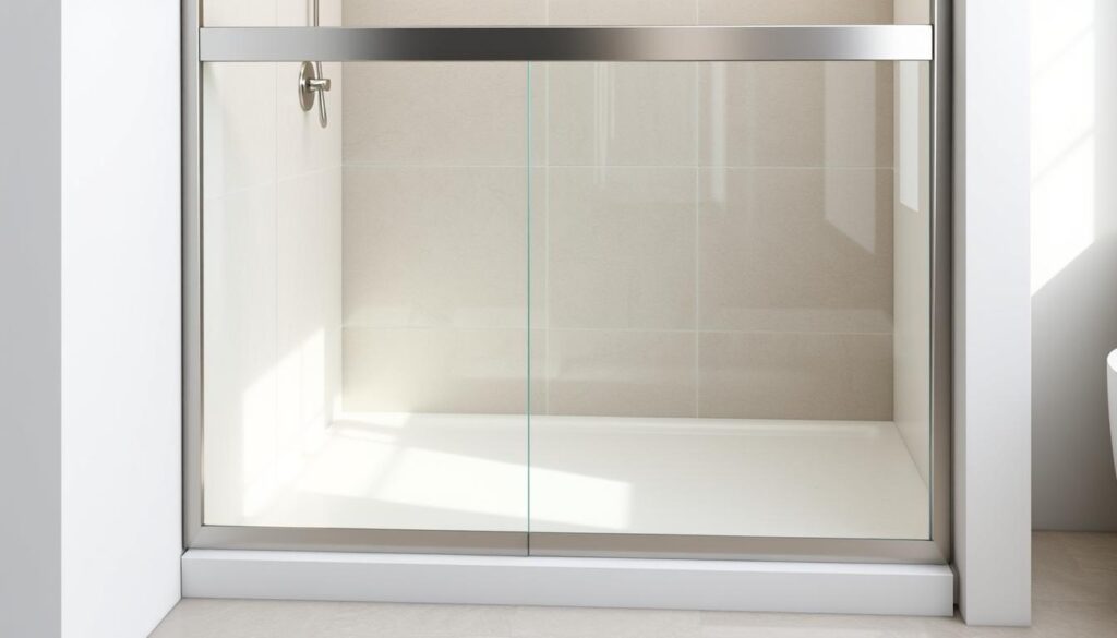 a detailed, high-quality render of a custom glass shower enclosure in a modern bathroom setting, with a seamless glass panel mounted on a sturdy, minimalist metal frame. the glass has a clear, distortion-free appearance, with a subtle sheen that reflects the ambient lighting. the frame is finished in a sleek, brushed metal tone that complements the glass panels. the bathroom features neutral-toned tiles or stone flooring, and the overall composition emphasizes the clean, contemporary aesthetic of the custom glass duschwand. the lighting is natural and diffused, creating a soft, inviting atmosphere. the camera angle captures the shower enclosure from a slightly elevated perspective, showcasing its elegant proportions and high-quality craftsmanship.