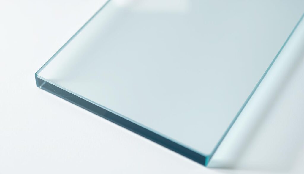 a high-quality close-up shot of a sheet of 6mm thick tempered safety glass (ESG), showcasing its clarity, smooth surface, and shimmering reflections. The glass is positioned on a clean, neutral background, allowing the material to be the sole focus of the image. Soft, diffused lighting from multiple angles creates subtle highlights and shadows, accentuating the glass's depth and dimensional qualities. The camera angle is slightly elevated, providing a detailed, almost tangible view of the tempered safety glass panel, conveying its sturdiness and durability. The overall mood is one of refined minimalism, highlighting the elegance and functional properties of this specialized material.