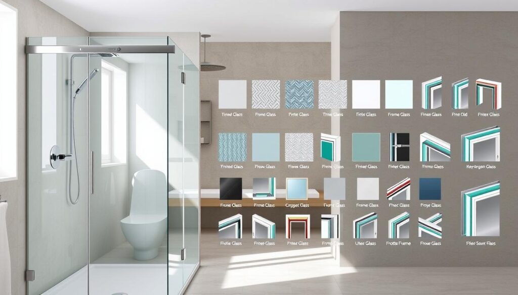 a modern, minimalist bathroom with a sleek, frameless glass shower enclosure in the foreground, featuring clean lines and a seamless, streamlined design; the glass panels are complemented by metallic, brushed chrome hardware and fixtures, creating a cohesive, high-end aesthetic; the middle ground showcases a range of different glass and profile options, including tinted, patterned, and frosted glass, as well as various frame finishes and styles to suit different design preferences; the background features a bright, airy and well-lit space, with neutral-toned tiles or flooring and natural lighting that enhances the overall sense of contemporary sophistication and attention to detail.